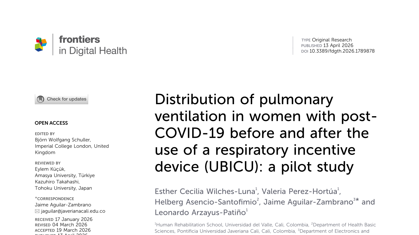 Article in Frontiers in Digital Health about the UBICU device