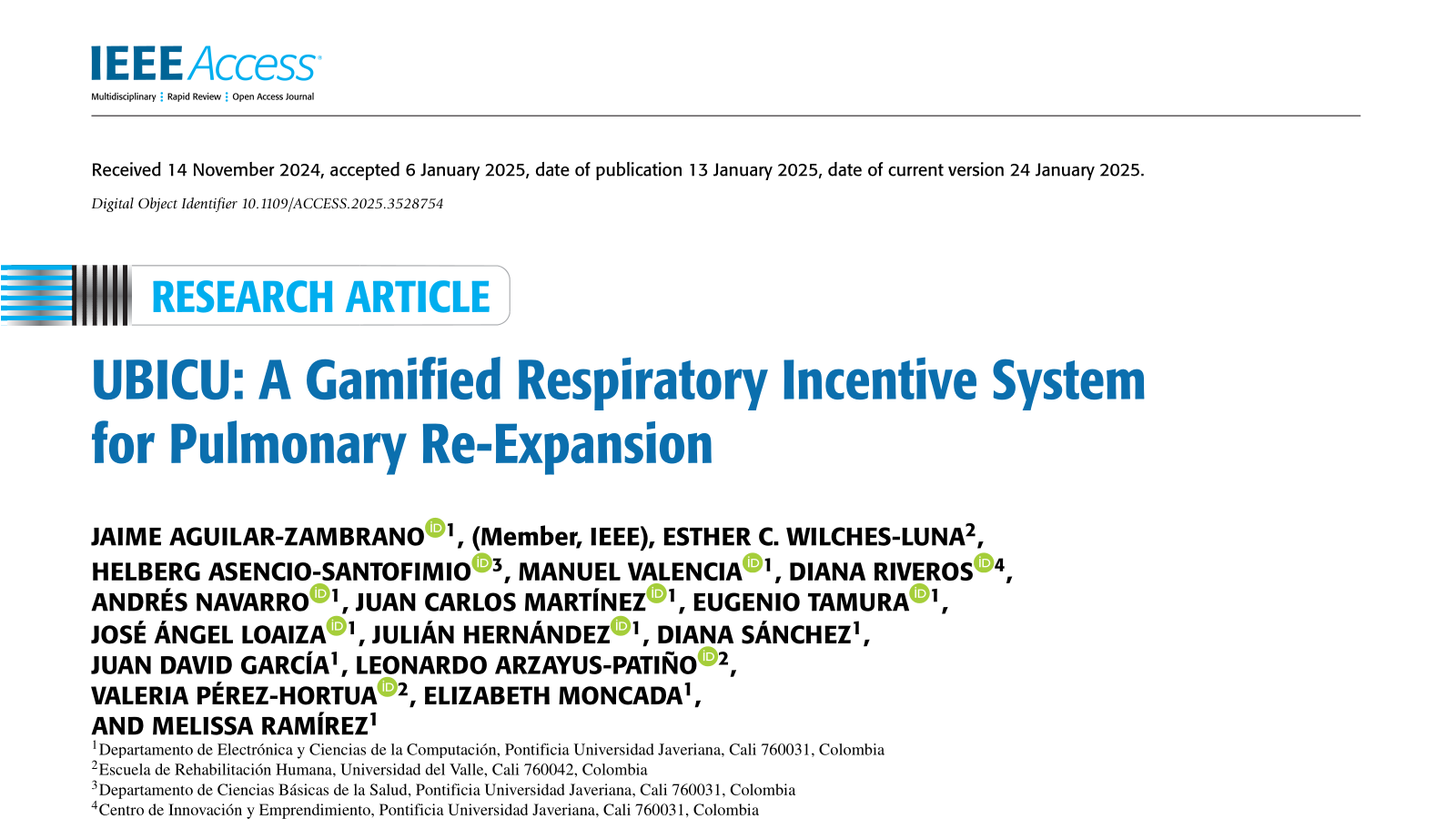 Article in IEEE Access about the UBICU respiratory incentive system